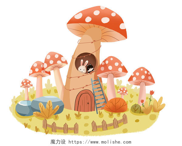 卡通秋天蘑菇房小场景